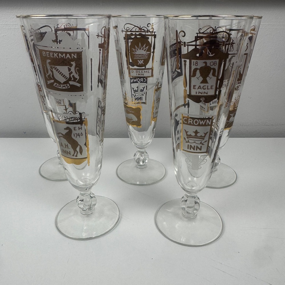 Vtg 1960s Libbey Heraldic Pub Pilsner‎ Glasses Set 5 MCM Footed Colonial Tavern